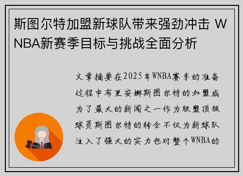 斯图尔特加盟新球队带来强劲冲击 WNBA新赛季目标与挑战全面分析 斯图尔特加盟新球队带来强劲冲击 WNBA新赛季目标与挑战全面分析