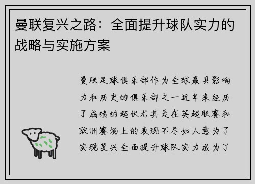 曼联复兴之路：全面提升球队实力的战略与实施方案