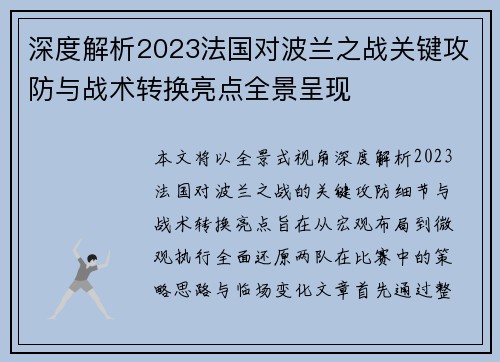深度解析2023法国对波兰之战关键攻防与战术转换亮点全景呈现