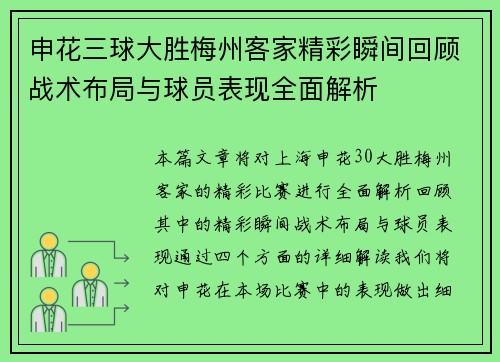 申花三球大胜梅州客家精彩瞬间回顾战术布局与球员表现全面解析 申花三球大胜梅州客家精彩瞬间回顾战术布局与球员表现全面解析