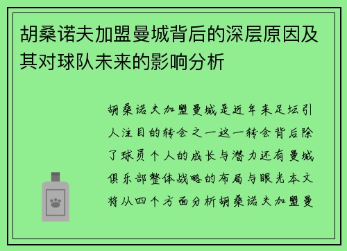胡桑诺夫加盟曼城背后的深层原因及其对球队未来的影响分析
