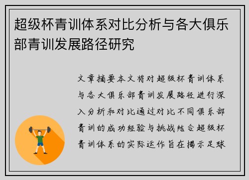 超级杯青训体系对比分析与各大俱乐部青训发展路径研究