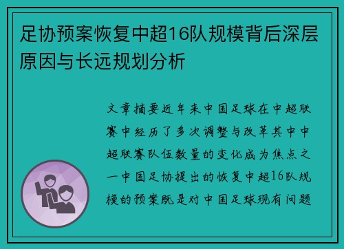 足协预案恢复中超16队规模背后深层原因与长远规划分析